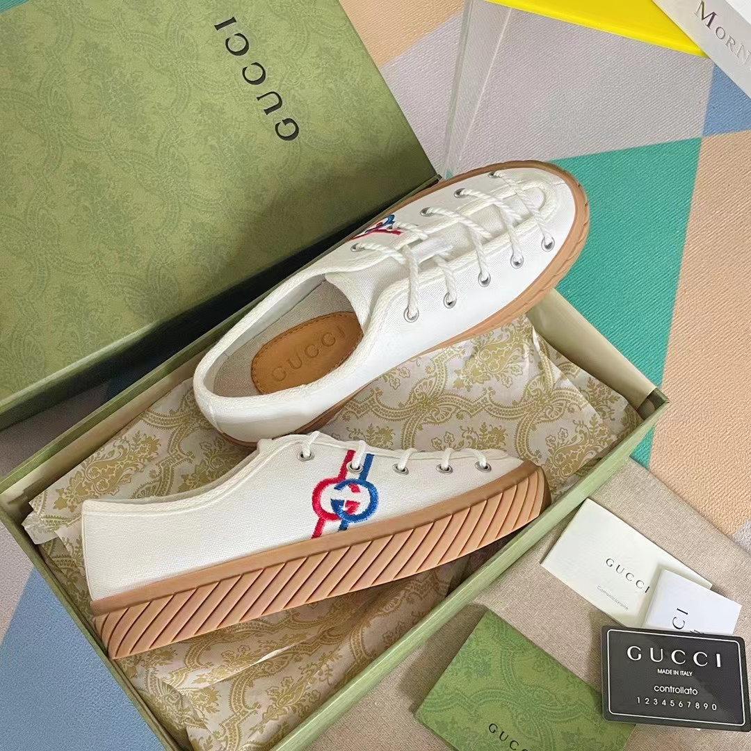 Gucci Unisex GG Interlocking G Sneaker Beige Organic Cotton Rubber Sole Flat