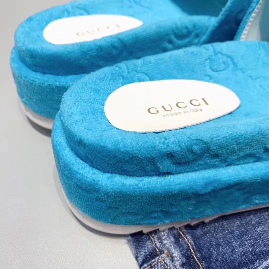 Gucci Unisex GG Platform Sandals Blue GG Cotton Sponge Rubber Sole 3 Cm Heel