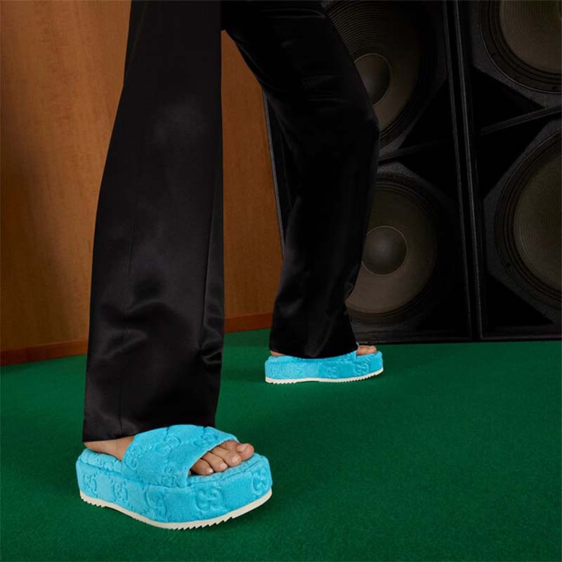 Gucci Unisex GG Platform Sandals Blue GG Cotton Sponge Rubber Sole 3 Cm Heel