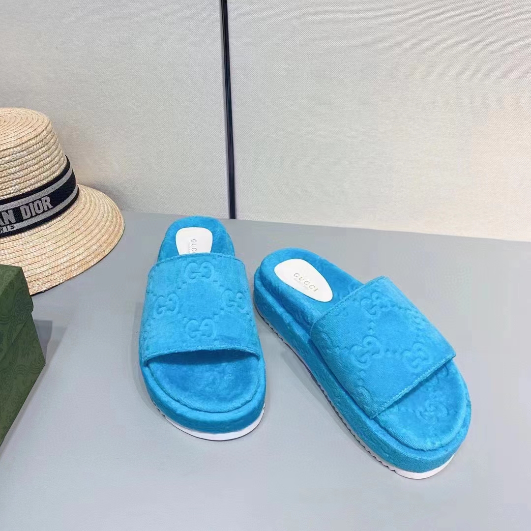Gucci Unisex GG Platform Sandals Blue GG Cotton Sponge Rubber Sole 3 Cm Heel