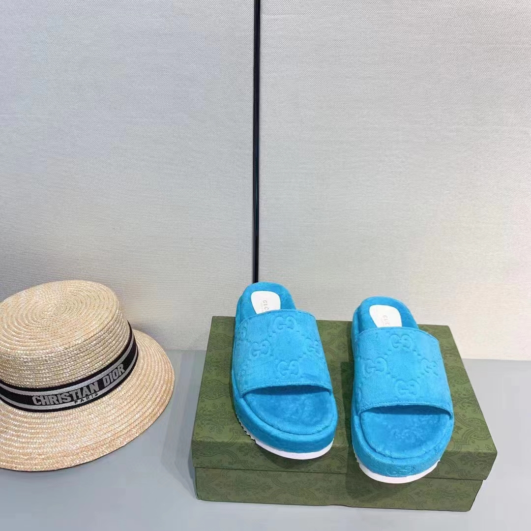 Gucci Unisex GG Platform Sandals Blue GG Cotton Sponge Rubber Sole 3 Cm Heel