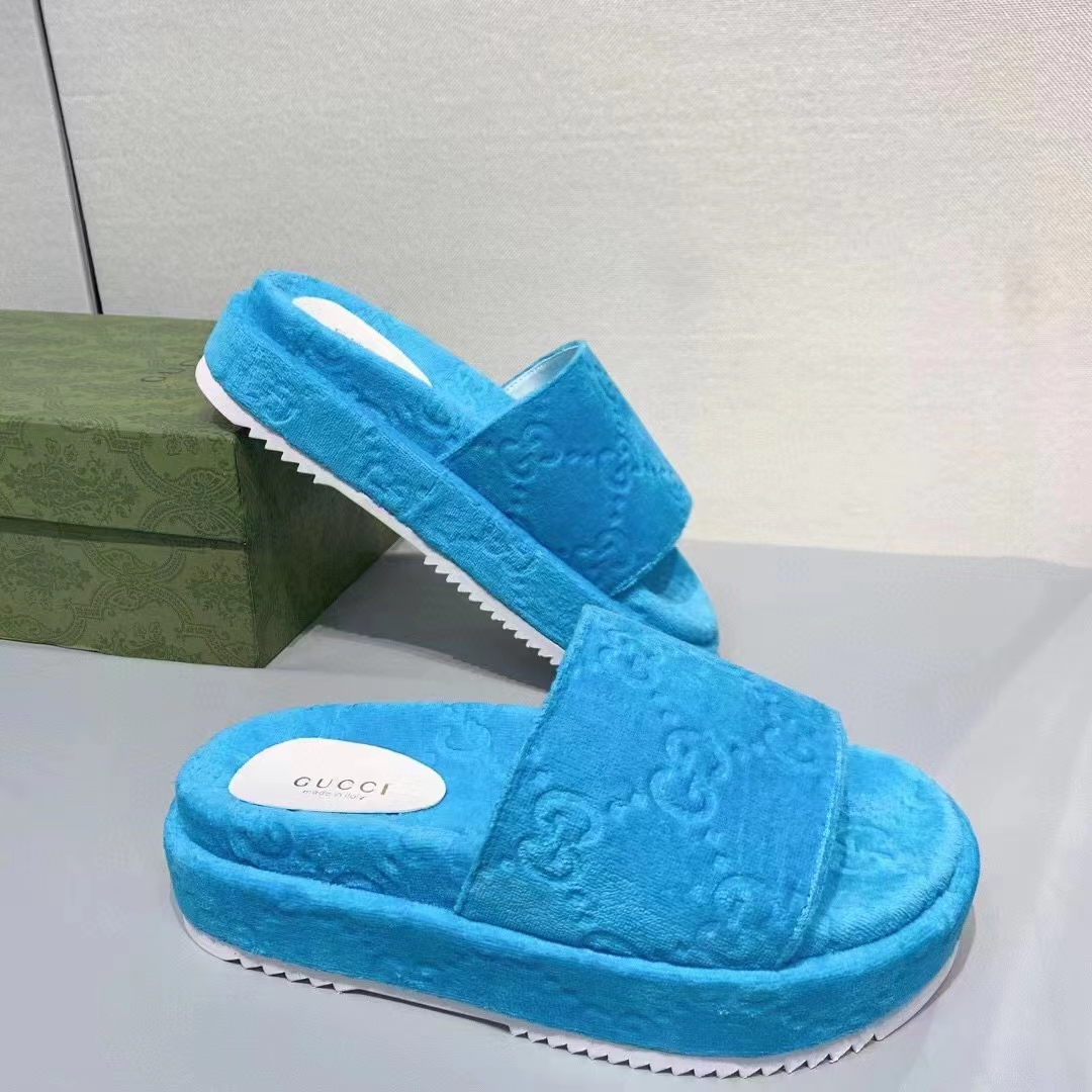 Gucci Unisex GG Platform Sandals Blue GG Cotton Sponge Rubber Sole 3 Cm Heel