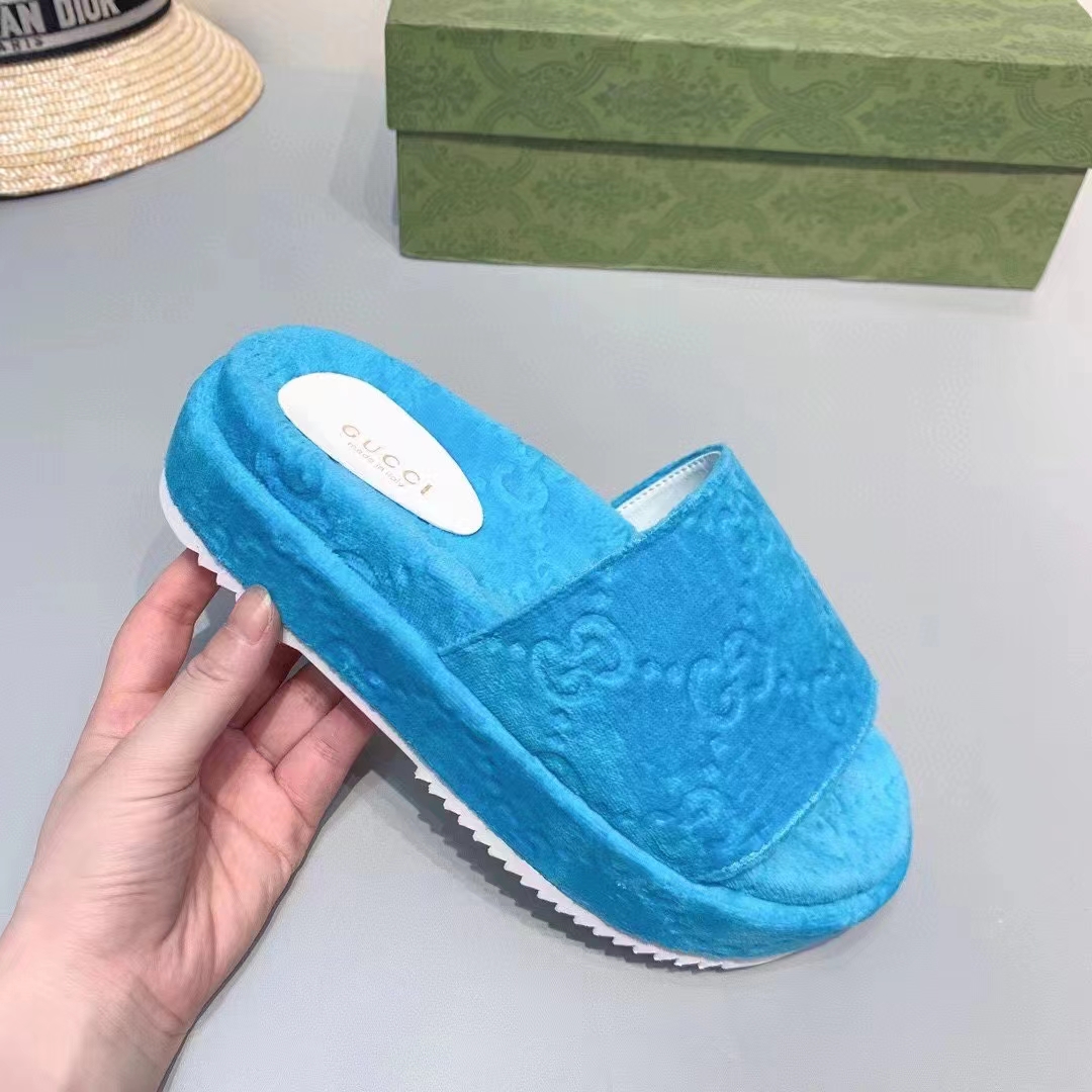 Gucci Unisex GG Platform Sandals Blue GG Cotton Sponge Rubber Sole 3 Cm Heel