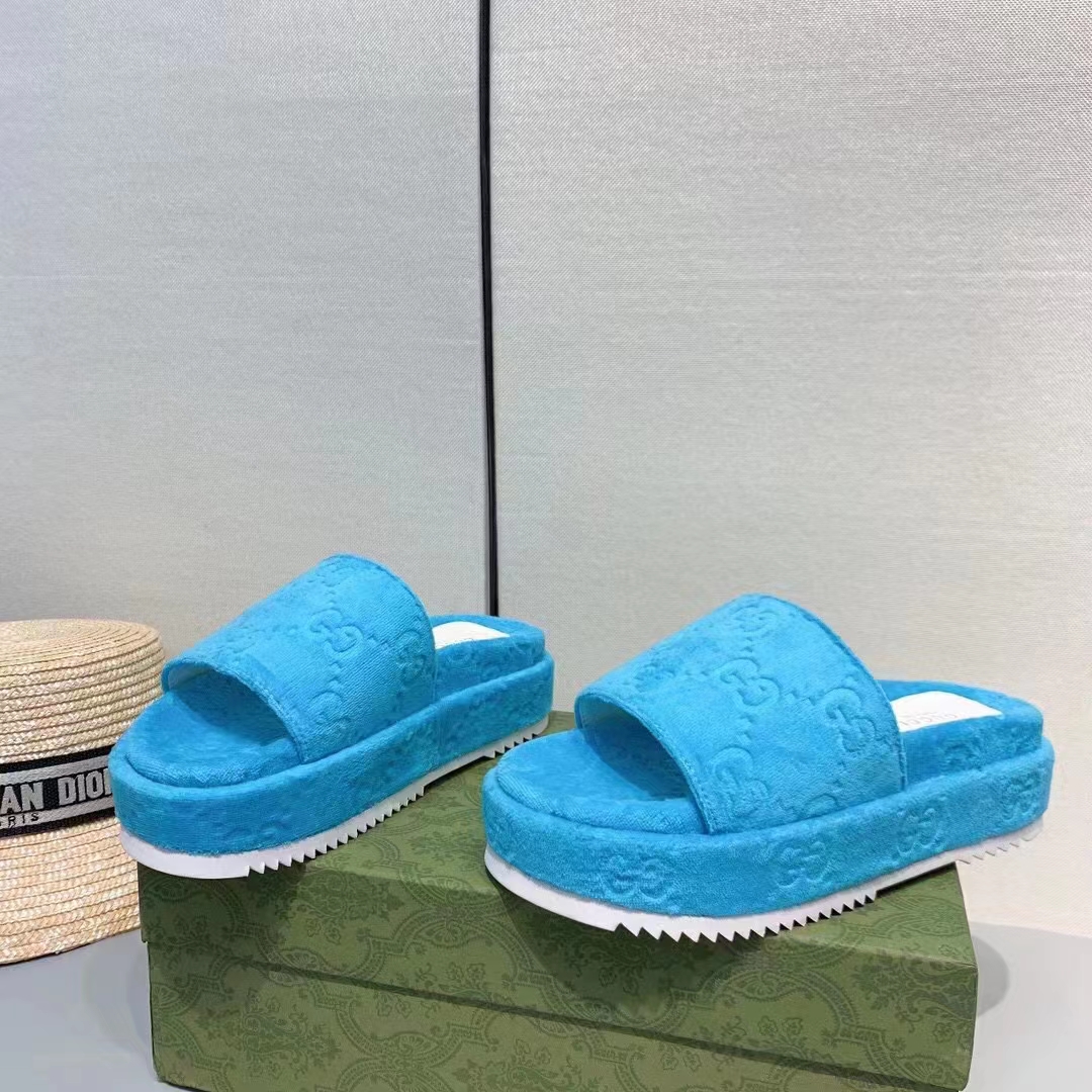 Gucci Unisex GG Platform Sandals Blue GG Cotton Sponge Rubber Sole 3 Cm Heel