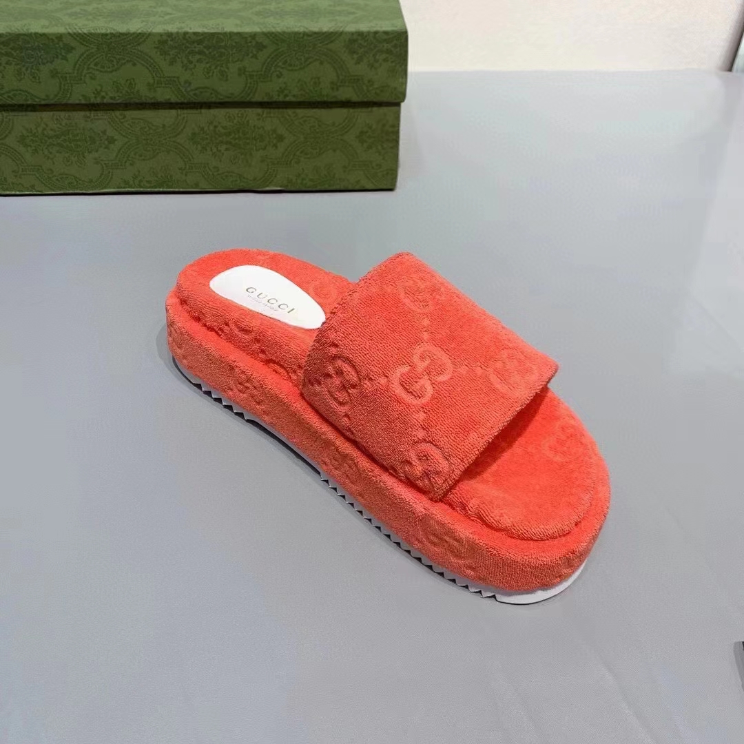 Gucci Unisex GG Platform Sandals Orange GG Cotton Sponge Rubber Sole 3 Cm heel