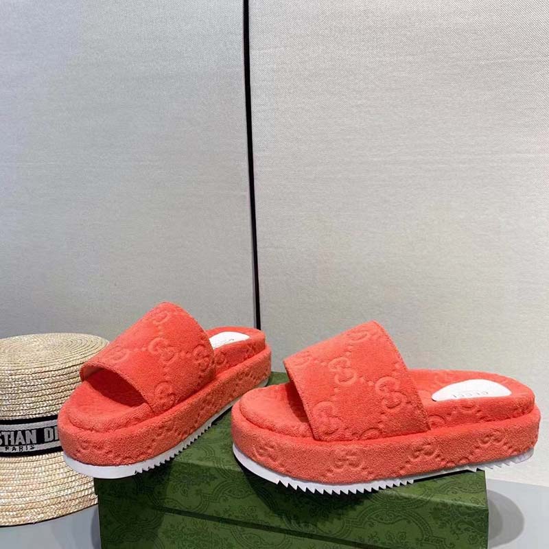 Gucci Unisex GG Platform Sandals Orange GG Cotton Sponge Rubber Sole 3 Cm heel
