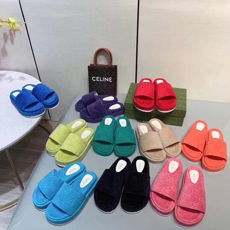 Gucci Unisex GG Platform Sandals Blue GG Cotton Sponge Rubber Sole 3 Cm Heel