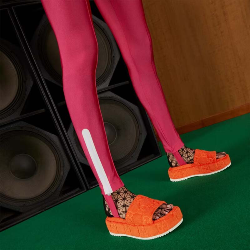 Gucci Unisex GG Platform Sandals Orange GG Cotton Sponge Rubber Sole 3 Cm heel