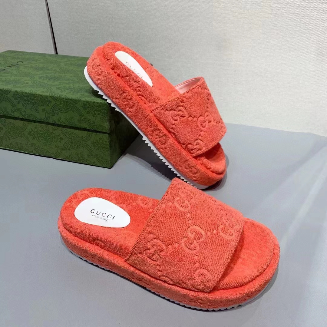 Gucci Unisex GG Platform Sandals Orange GG Cotton Sponge Rubber Sole 3 Cm heel