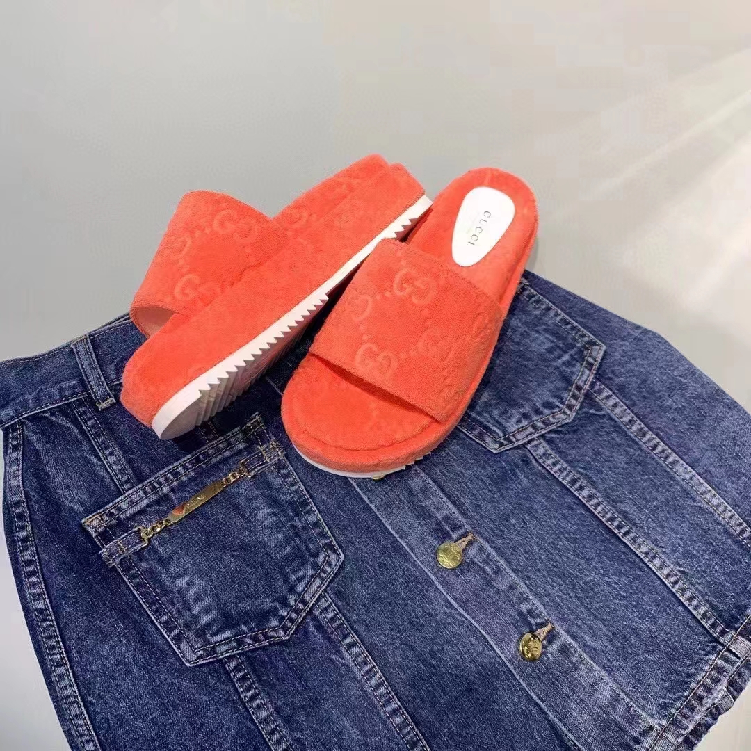 Gucci Unisex GG Platform Sandals Orange GG Cotton Sponge Rubber Sole 3 Cm heel