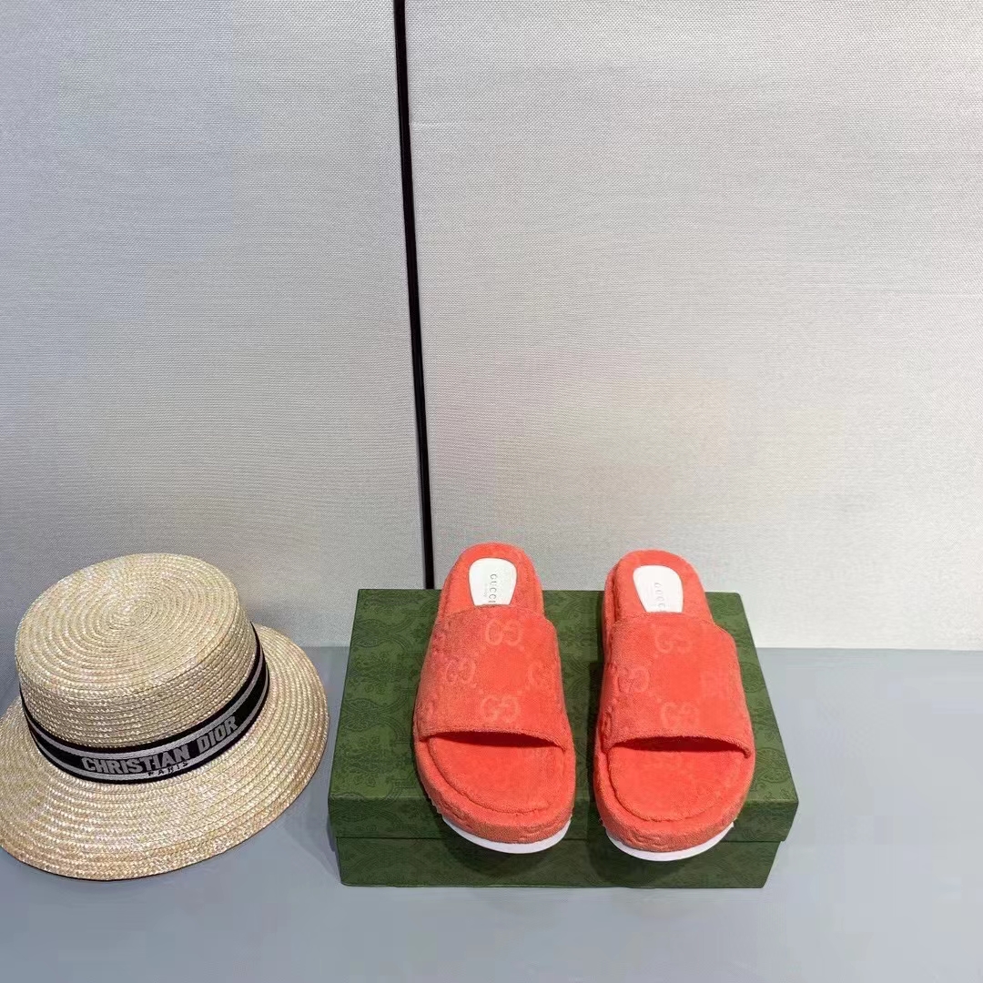 Gucci Unisex GG Platform Sandals Orange GG Cotton Sponge Rubber Sole 3 Cm heel