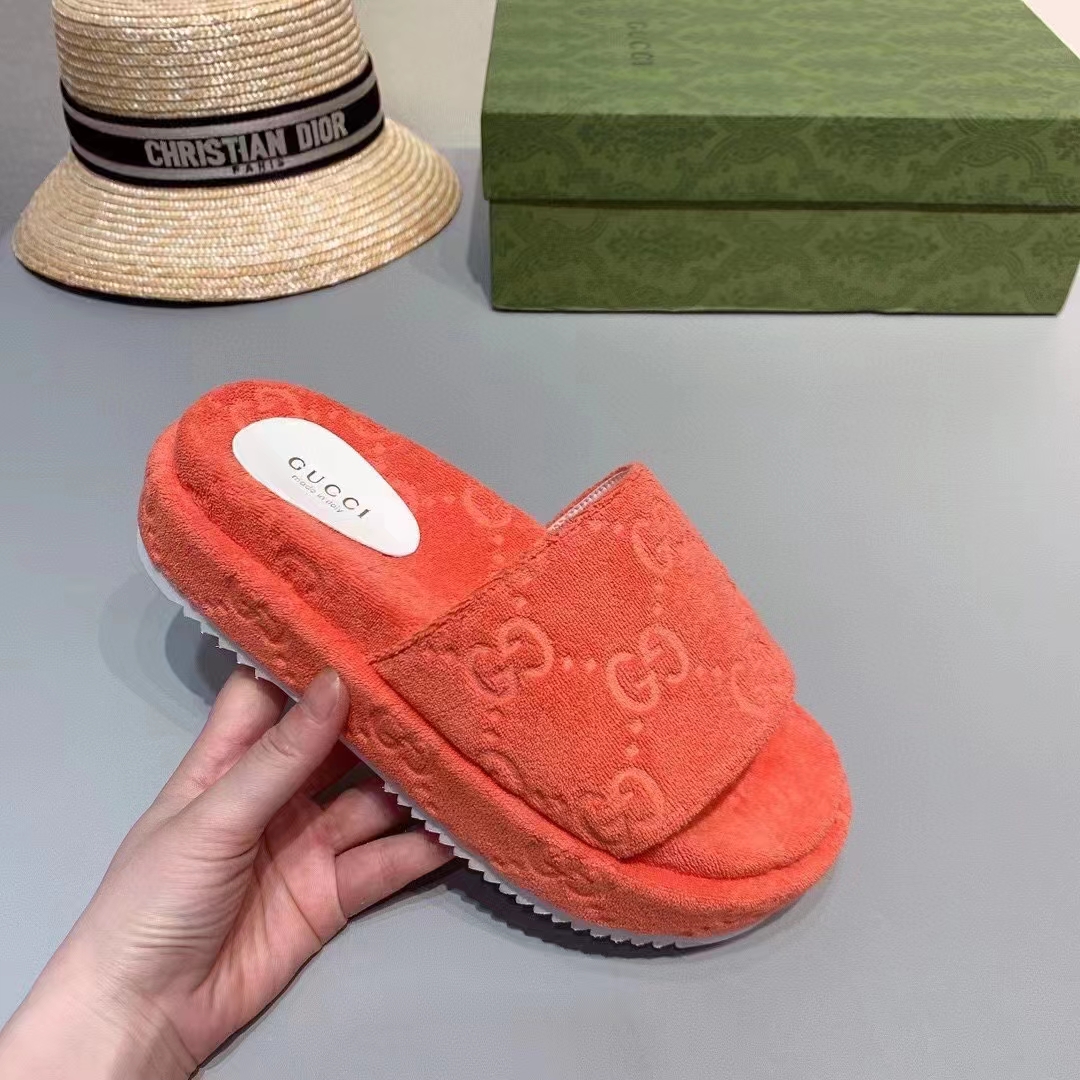 Gucci Unisex GG Platform Sandals Orange GG Cotton Sponge Rubber Sole 3 Cm heel
