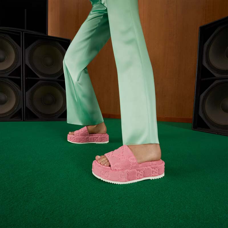 Gucci Unisex GG Platform Sandals Pink GG Cotton Sponge Rubber Sole 3 Cm Heel