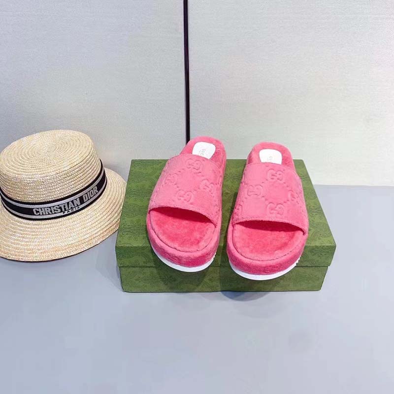 Gucci Unisex GG Platform Sandals Pink GG Cotton Sponge Rubber Sole 3 Cm Heel