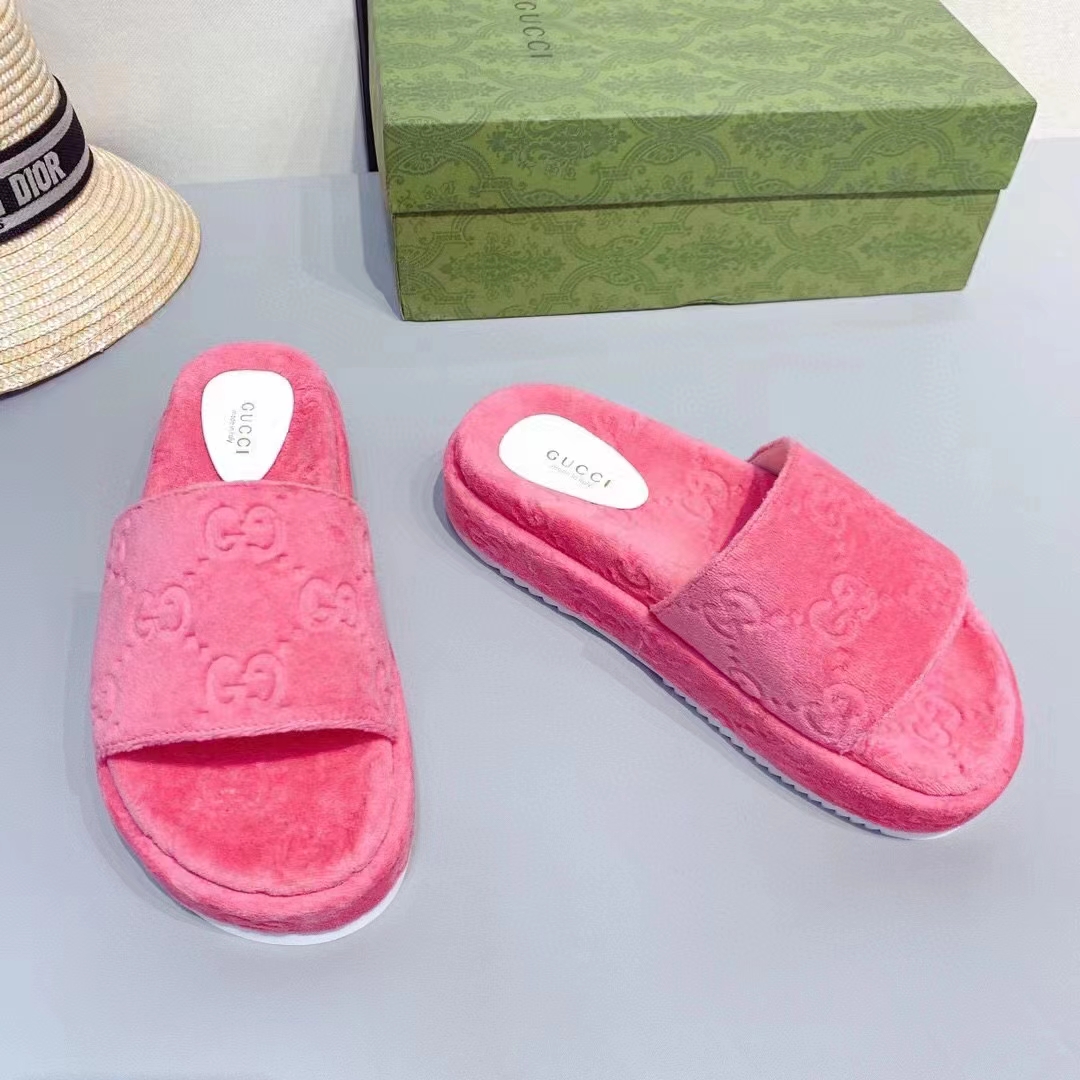 Gucci Unisex GG Platform Sandals Pink GG Cotton Sponge Rubber Sole 3 Cm Heel