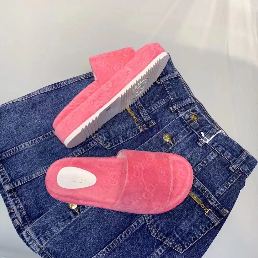 Gucci Unisex GG Platform Sandals Pink GG Cotton Sponge Rubber Sole 3 Cm Heel