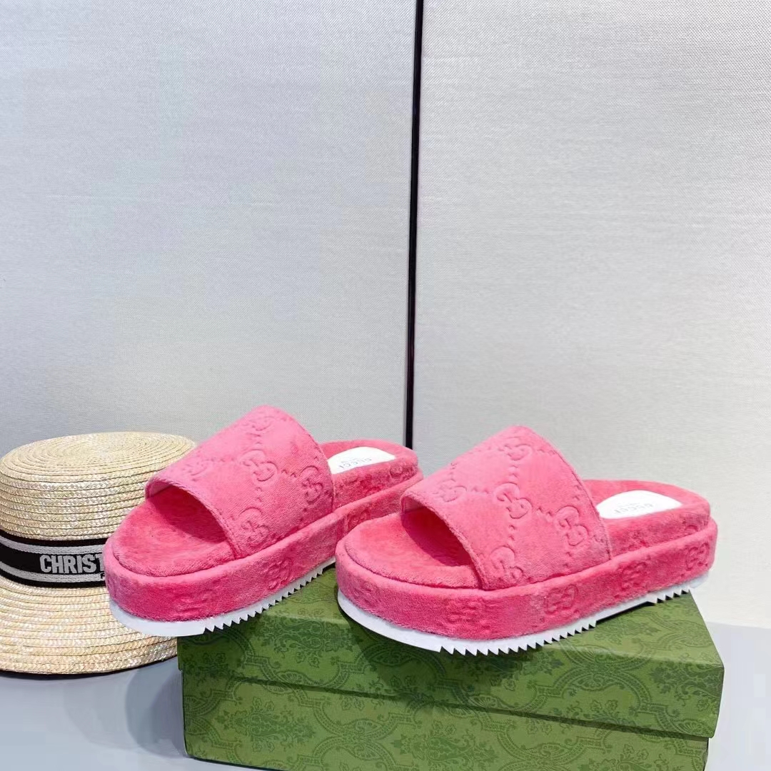 Gucci Unisex GG Platform Sandals Pink GG Cotton Sponge Rubber Sole 3 Cm Heel