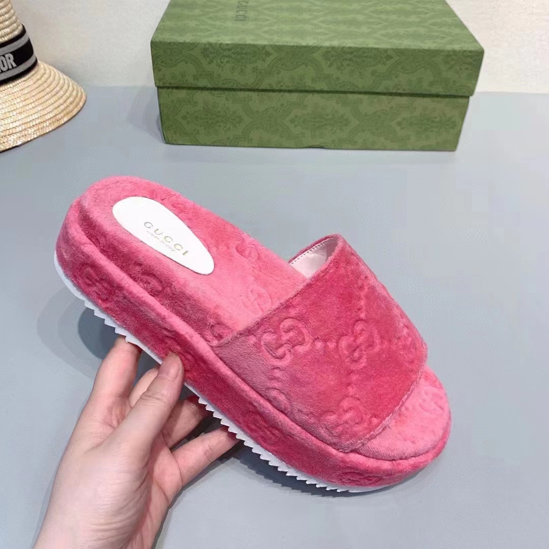 Gucci Unisex GG Platform Sandals Pink GG Cotton Sponge Rubber Sole 3 Cm Heel