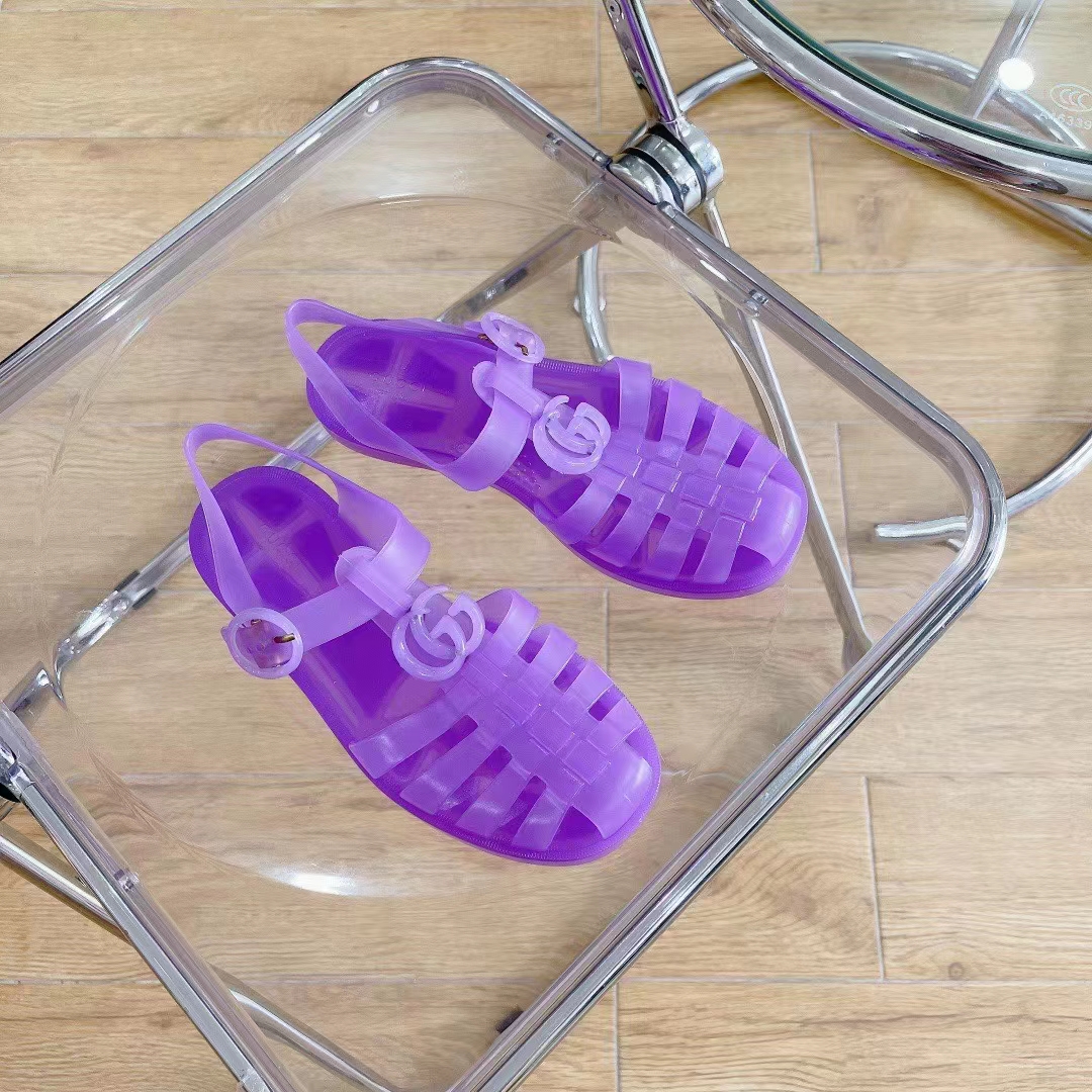 Gucci Unisex GG Sandal Double G Light Purple Rubber Sole Ankle Buckle Flat