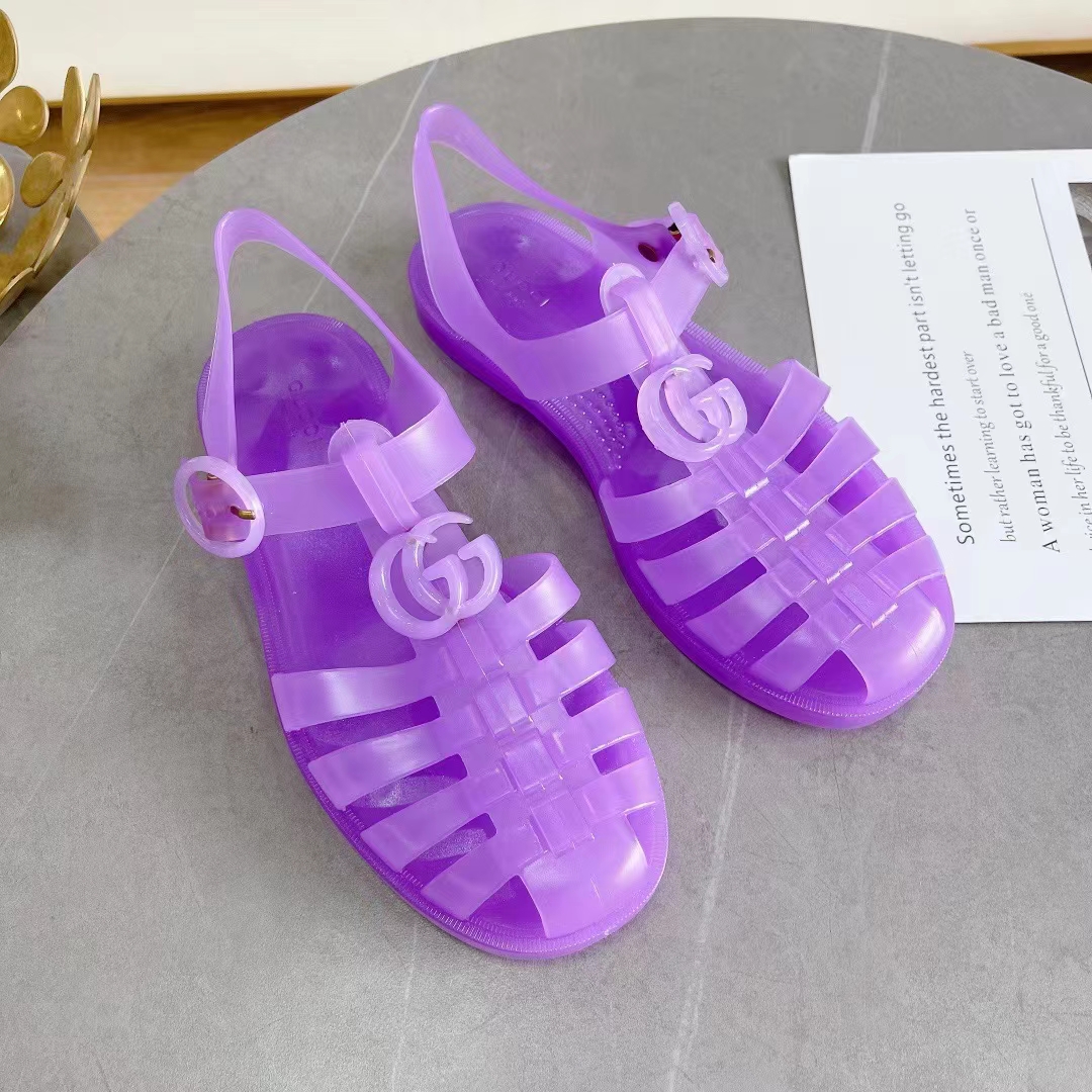 Gucci Unisex GG Sandal Double G Light Purple Rubber Sole Ankle Buckle Flat