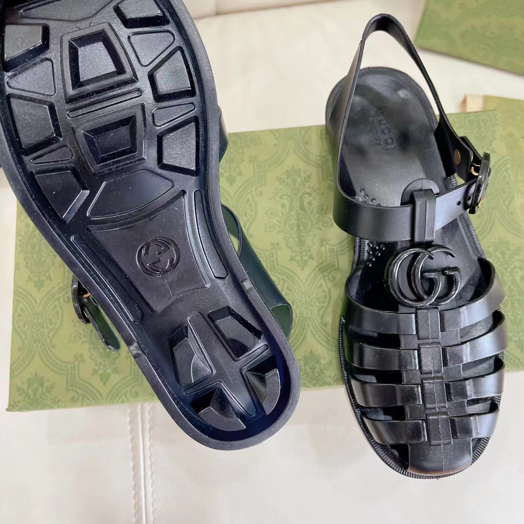Gucci Unisex GG Sandal Double G Black Rubber Sole Ankle Buckle Flat