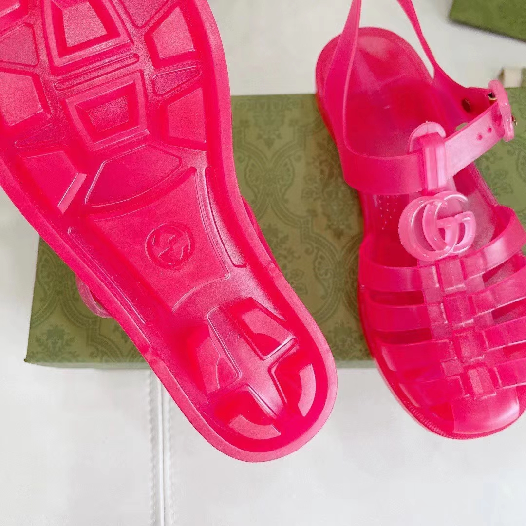 Gucci Unisex GG Sandal Double G Pink Transparent Rubber Sole Ankle Buckle Flat