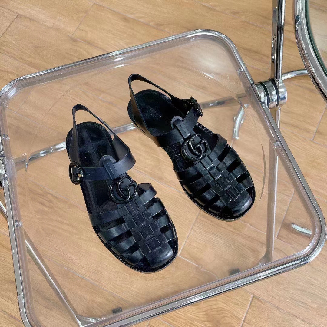 Gucci Unisex GG Sandal Double G Black Rubber Sole Ankle Buckle Flat