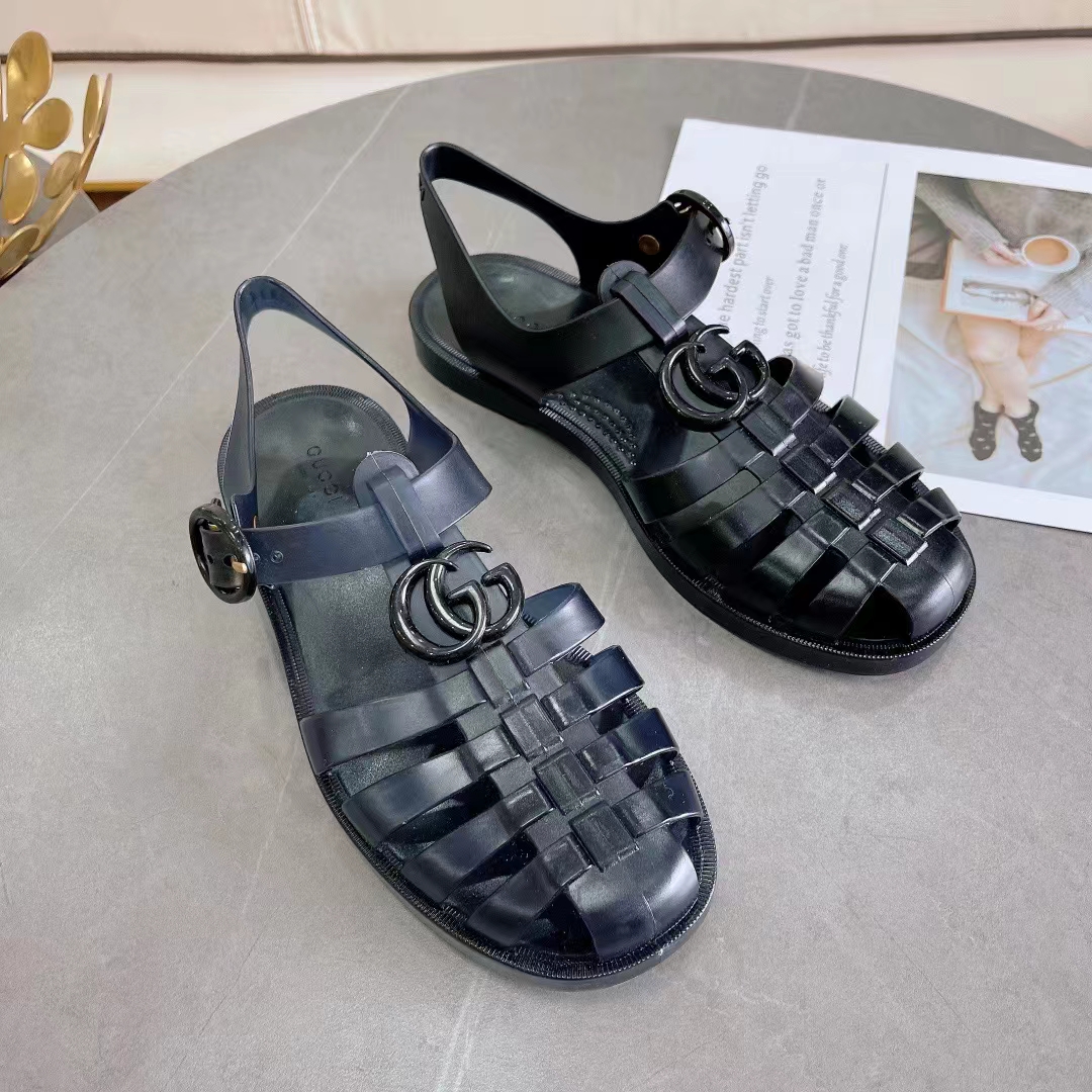 Gucci Unisex GG Sandal Double G Black Rubber Sole Ankle Buckle Flat
