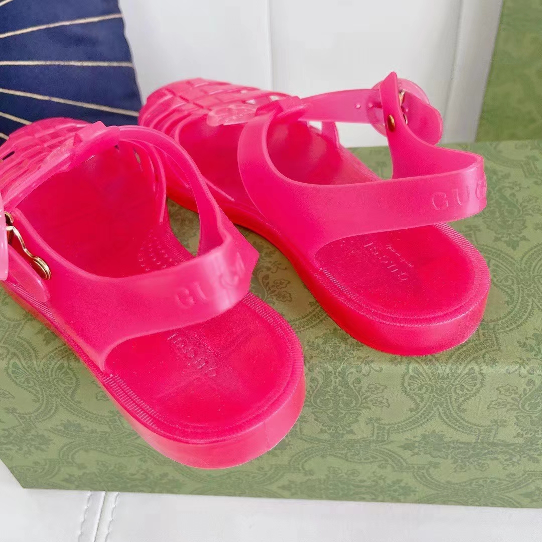 Gucci Unisex GG Sandal Double G Pink Transparent Rubber Sole Ankle Buckle Flat