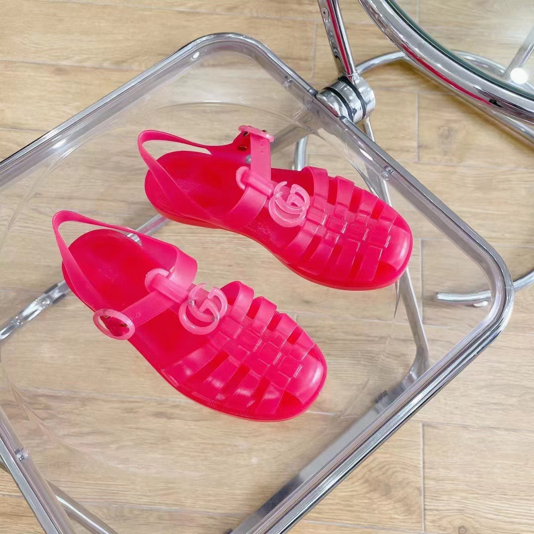 Gucci Unisex GG Sandal Double G Pink Transparent Rubber Sole Ankle Buckle Flat