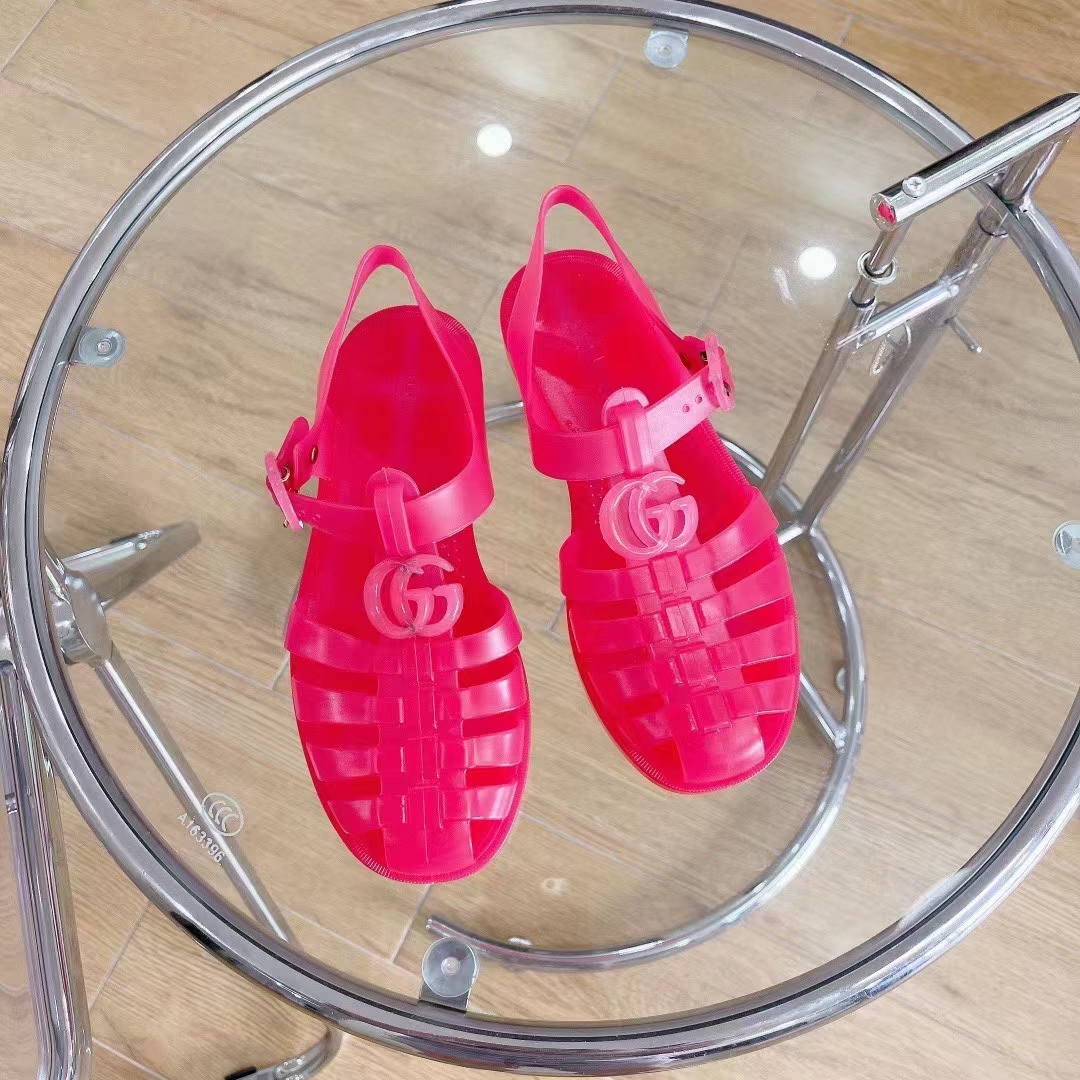 Gucci Unisex GG Sandal Double G Pink Transparent Rubber Sole Ankle Buckle Flat