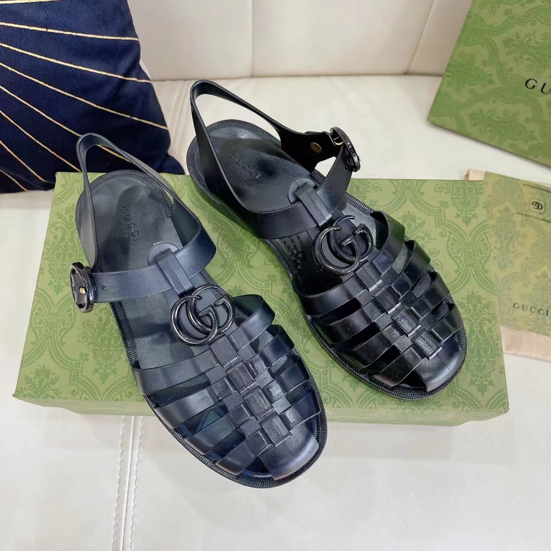 Gucci Unisex GG Sandal Double G Black Rubber Sole Ankle Buckle Flat