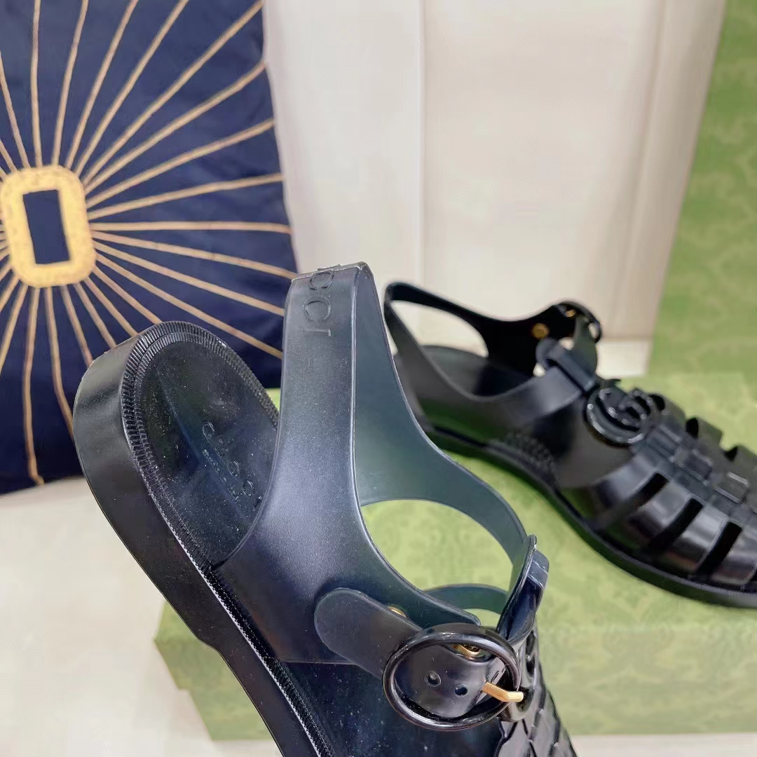 Gucci Unisex GG Sandal Double G Black Rubber Sole Ankle Buckle Flat