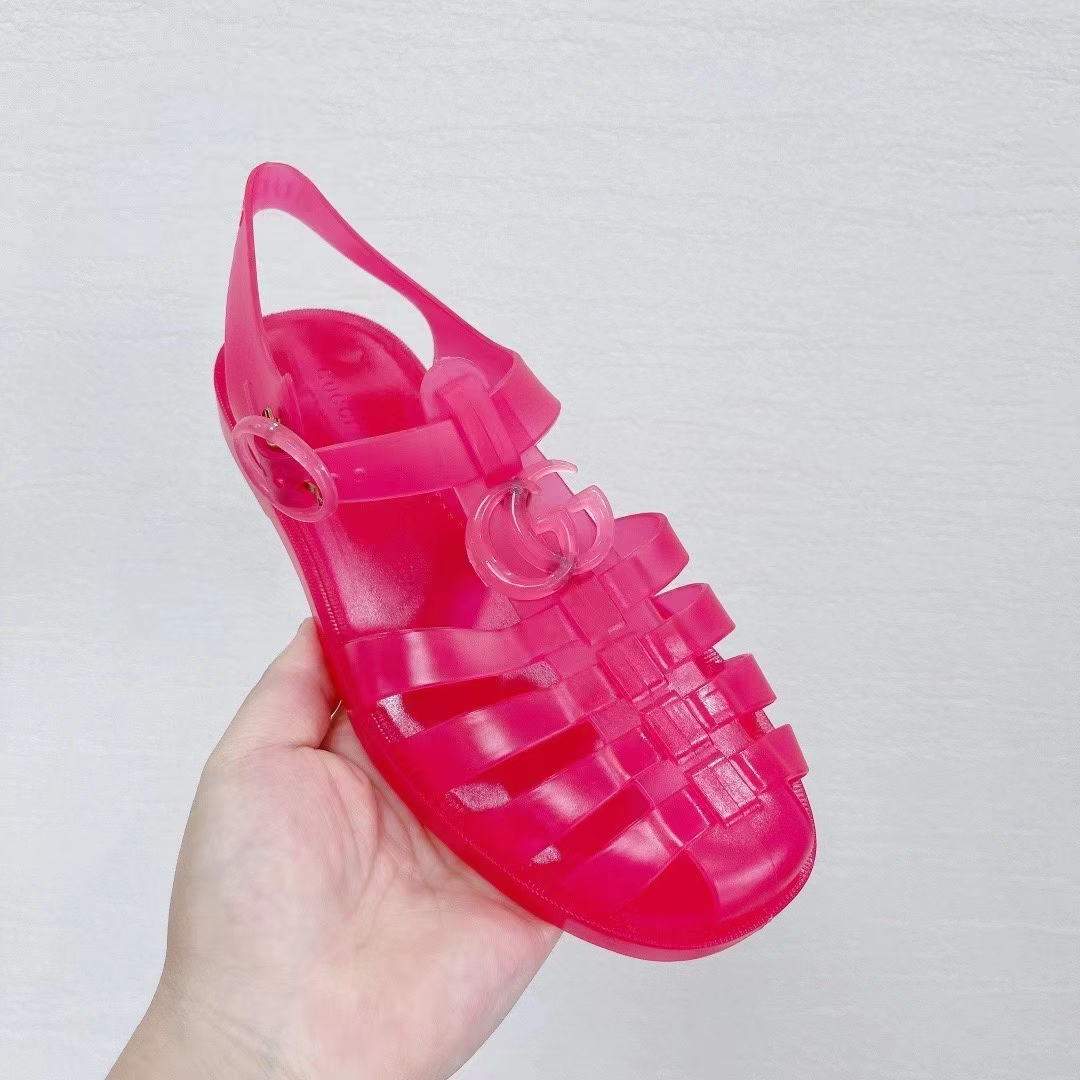 Gucci Unisex GG Sandal Double G Pink Transparent Rubber Sole Ankle Buckle Flat