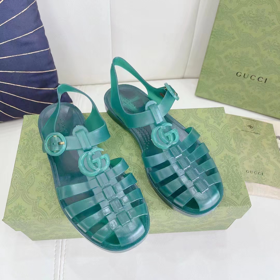 Gucci Unisex GG Sandal Double G Transparent Green Rubber Sole Ankle Buckle Flat