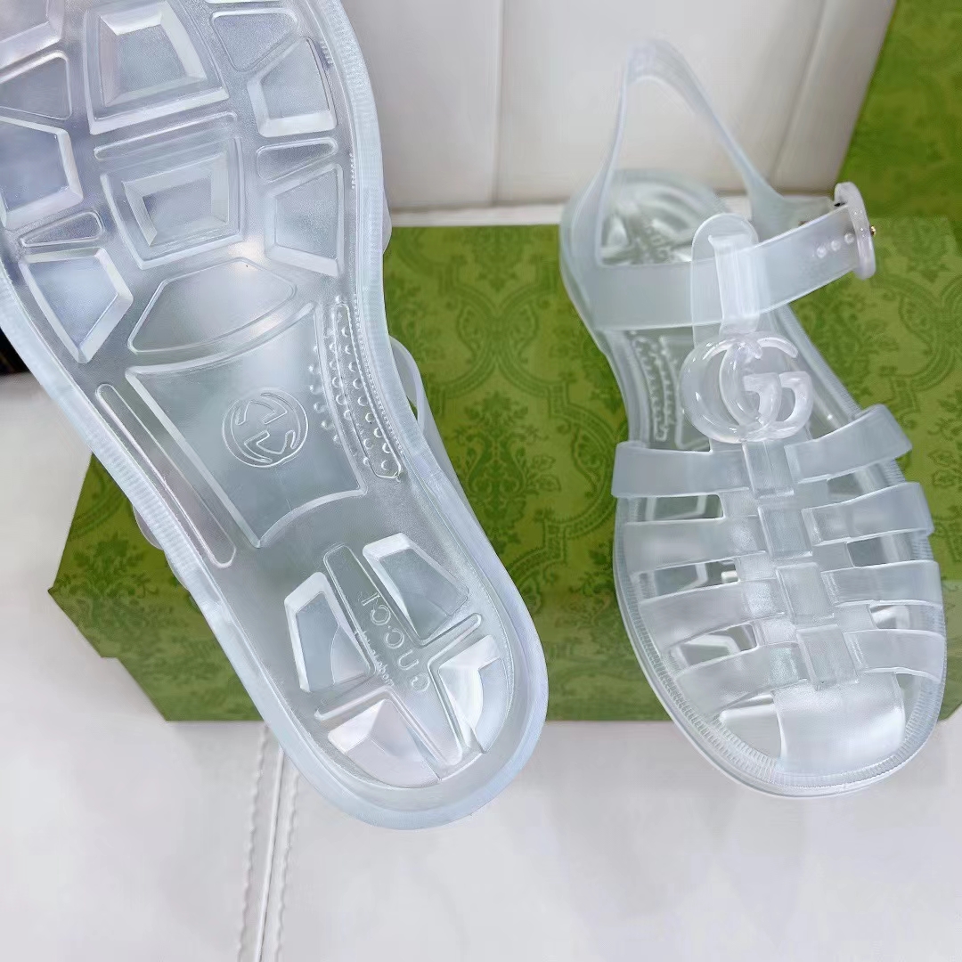 Gucci Unisex GG Sandal Double G Transparent Rubber Sole Ankle Buckle Closure Flat