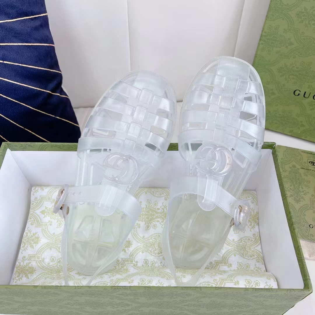 Gucci Unisex GG Sandal Double G Transparent Rubber Sole Ankle Buckle Closure Flat