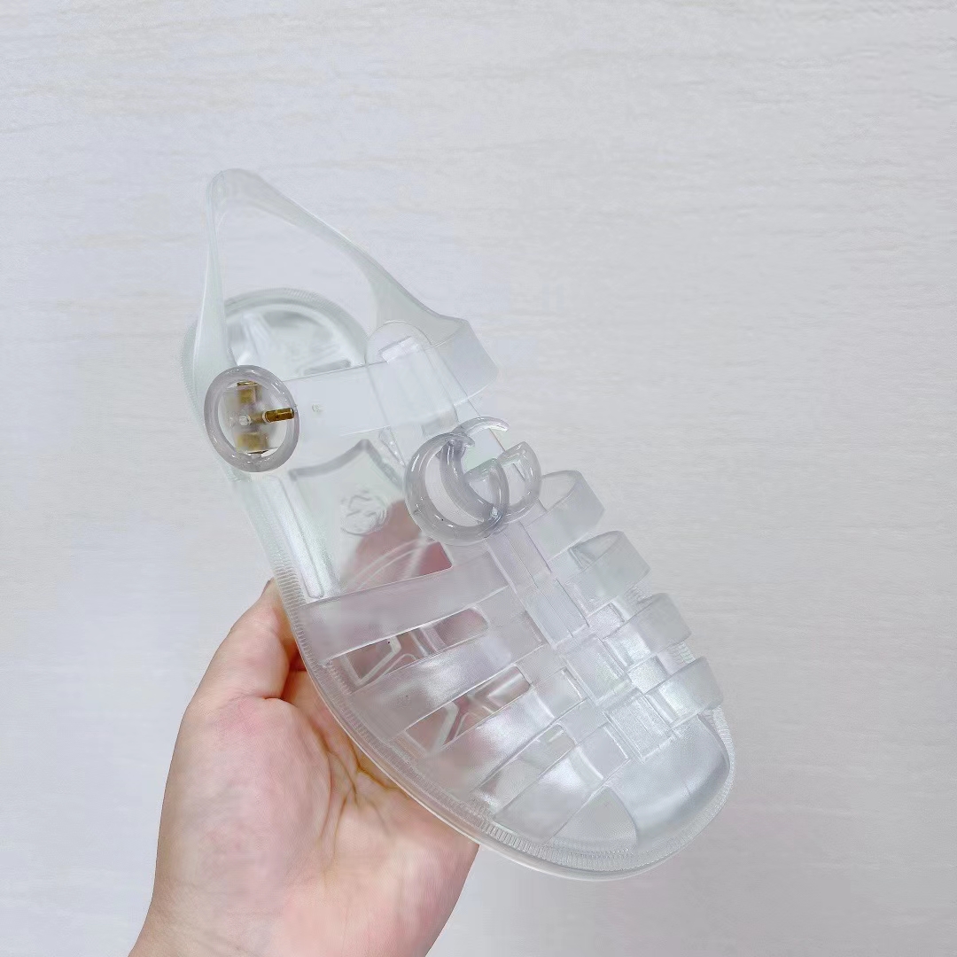 Gucci Unisex GG Sandal Double G Transparent Rubber Sole Ankle Buckle Closure Flat