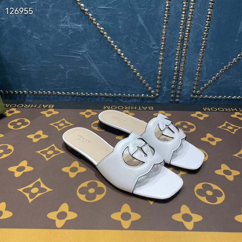 Gucci Unisex Interlocking G Cut-Out Slide Sandals White Leather Flat 1 cm Heel