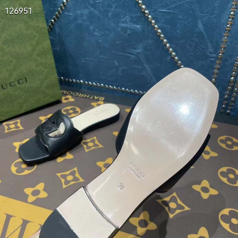 Gucci Unisex Interlocking G Slide Sandals Black Leather Cut-Out Flat