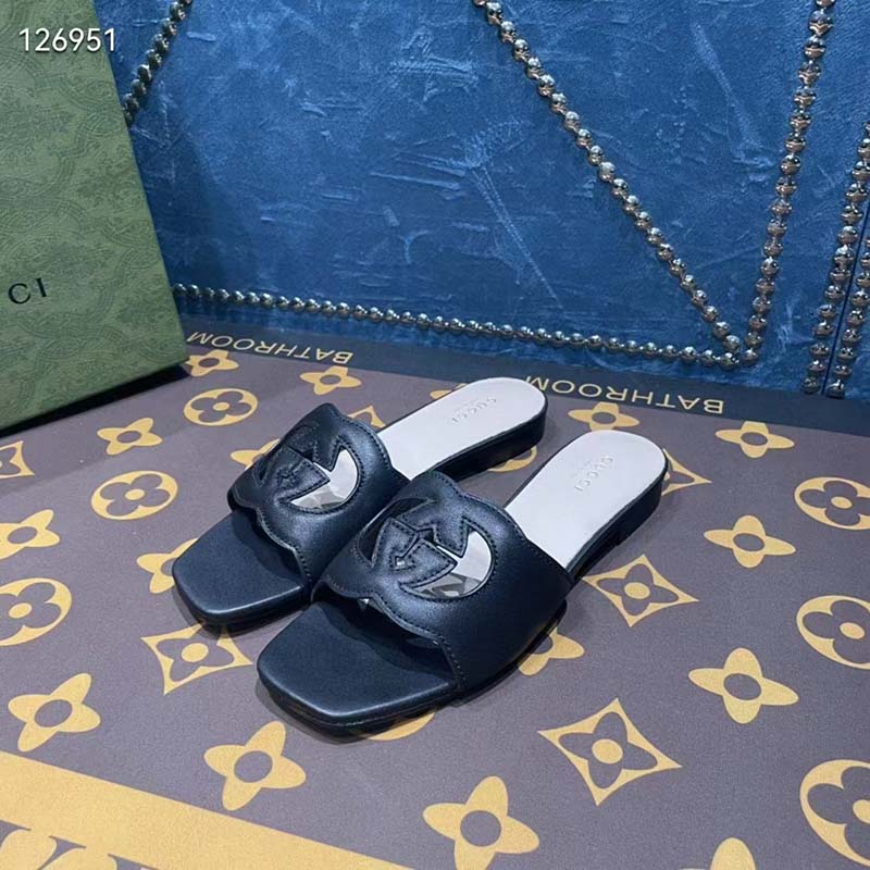 Gucci Unisex Interlocking G Slide Sandals Black Leather Cut-Out Flat