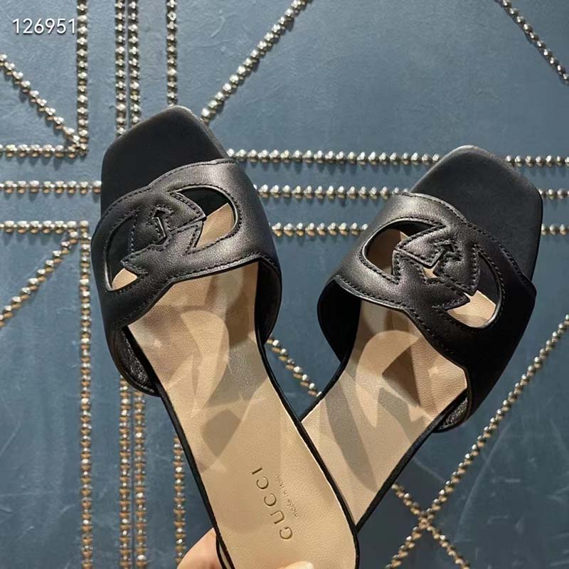 Gucci Unisex Interlocking G Slide Sandals Black Leather Cut-Out Flat