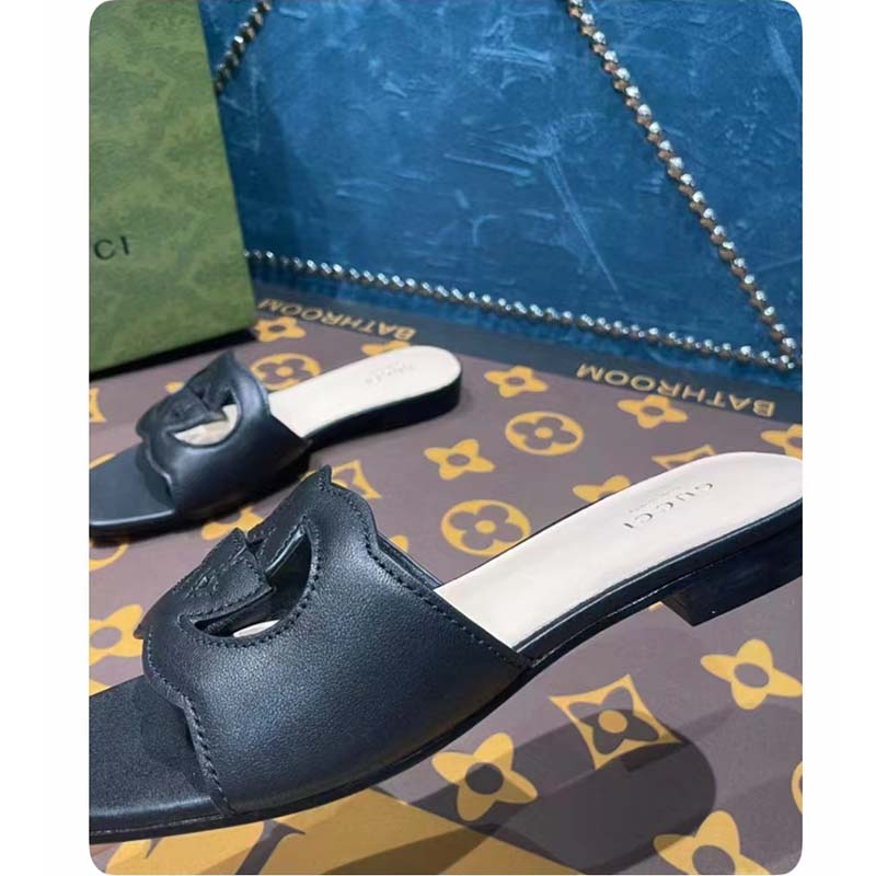 Gucci Unisex Interlocking G Slide Sandals Black Leather Cut-Out Flat