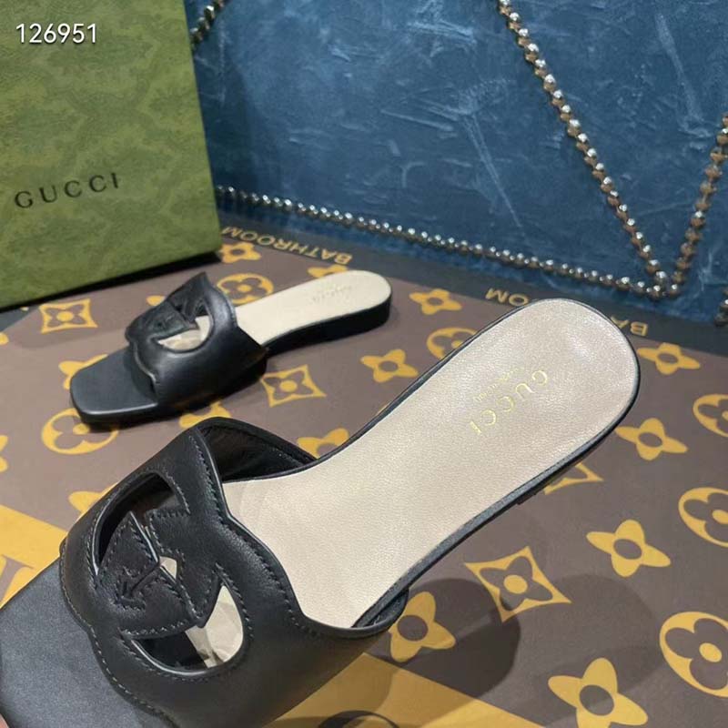 Gucci Unisex Interlocking G Slide Sandals Black Leather Cut-Out Flat