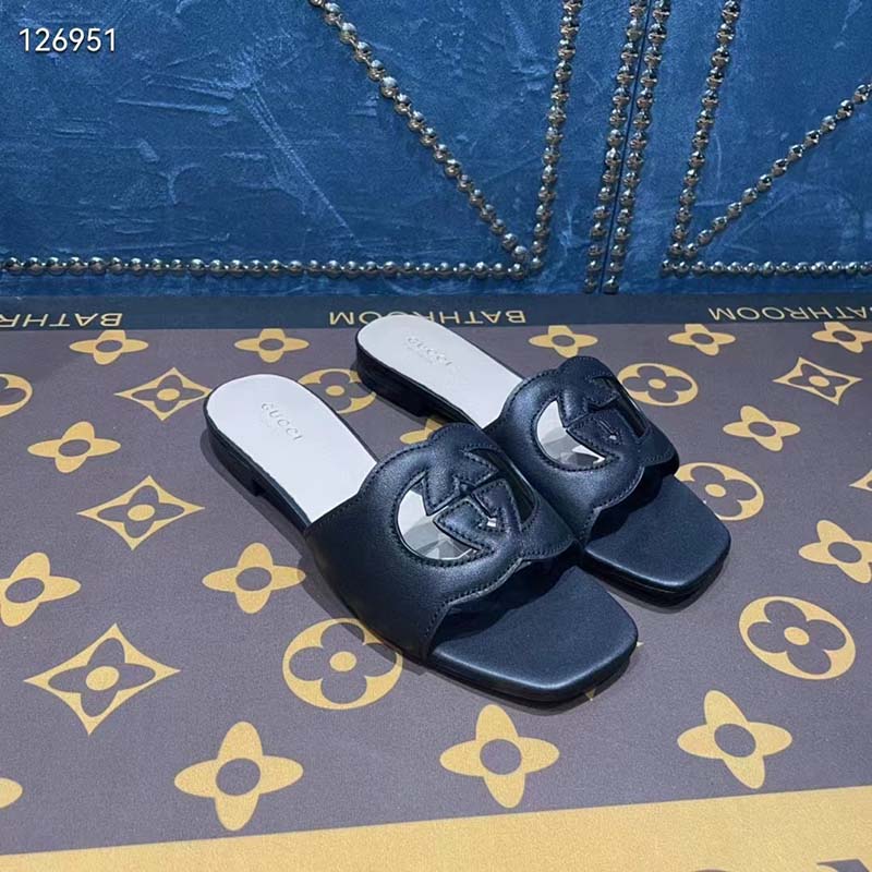 Gucci Unisex Interlocking G Slide Sandals Black Leather Cut-Out Flat
