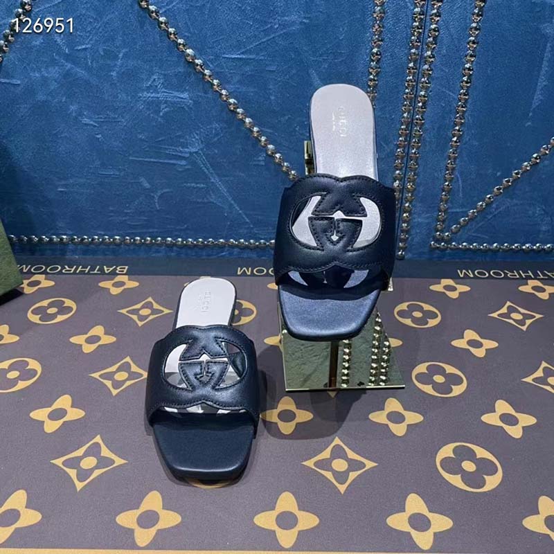 Gucci Unisex Interlocking G Slide Sandals Black Leather Cut-Out Flat