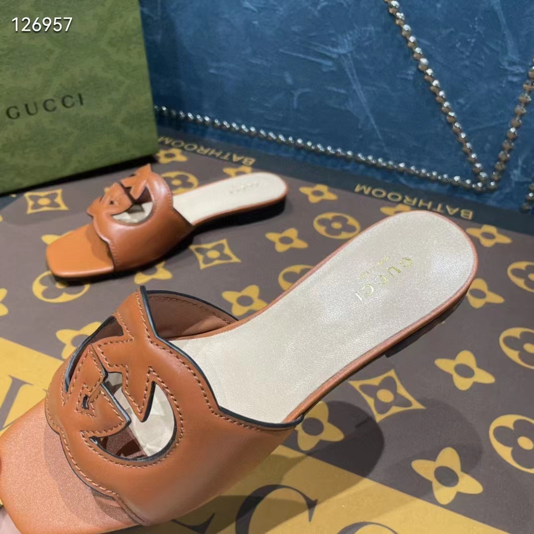 Gucci Unisex Interlocking G Slide Sandals Orange Leather Cut-Out Flat