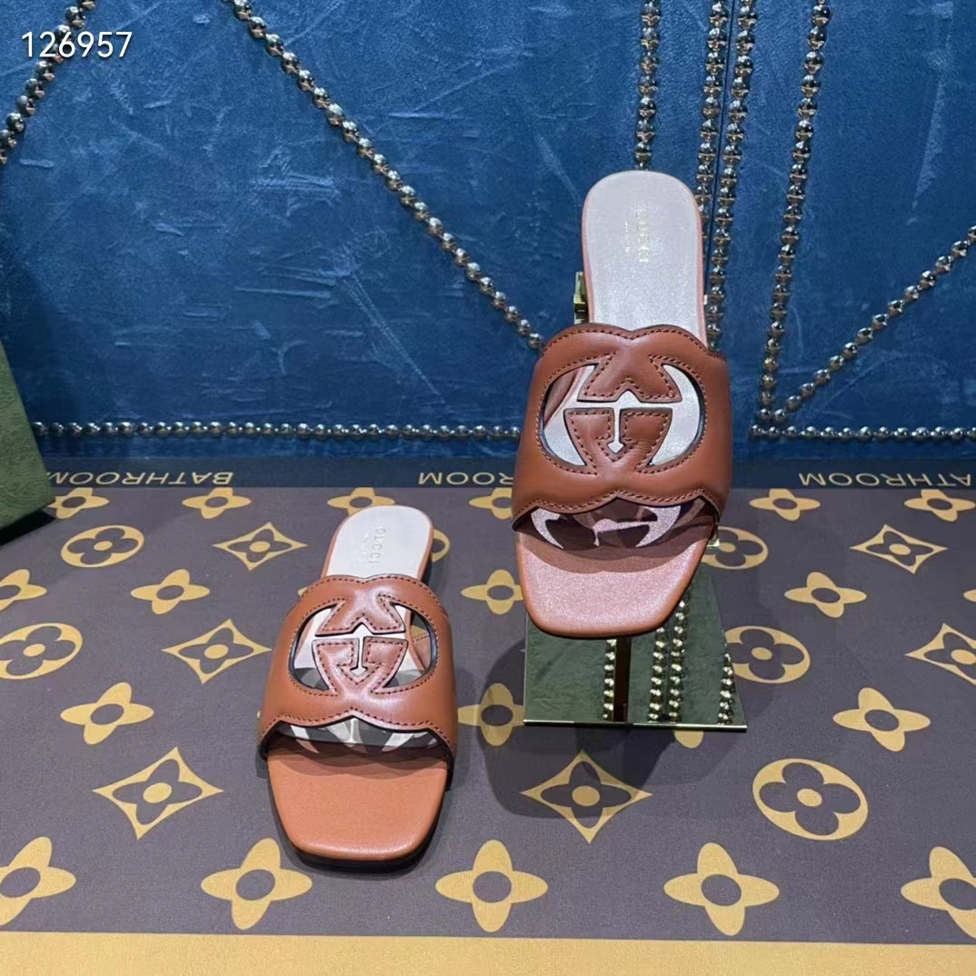 Gucci Unisex Interlocking G Slide Sandals Orange Leather Cut-Out Flat