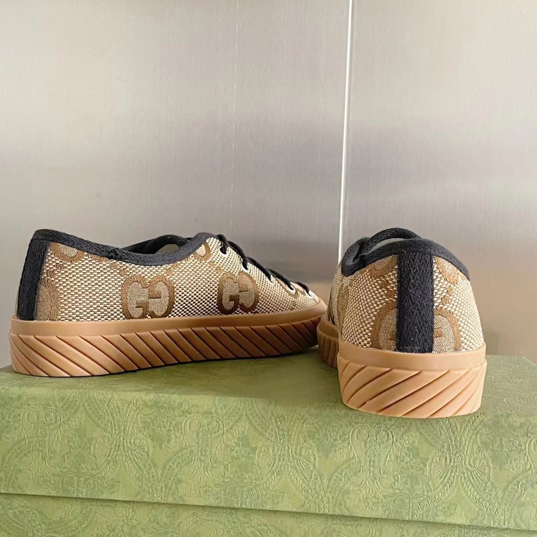 Gucci Unisex Maxi GG Sneaker Camel Ebony Canvas Rubber Sole Flat
