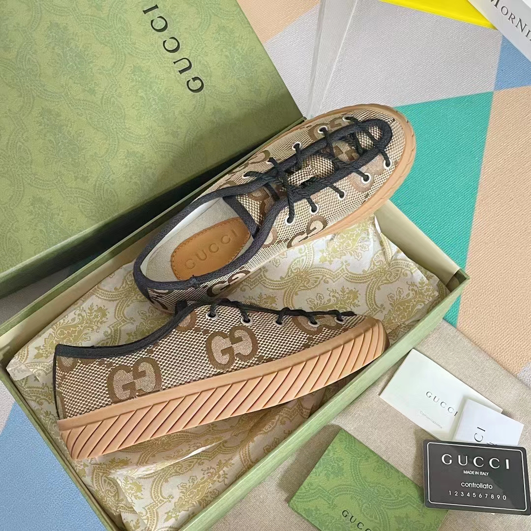 Gucci Unisex Maxi GG Sneaker Camel Ebony Canvas Rubber Sole Flat